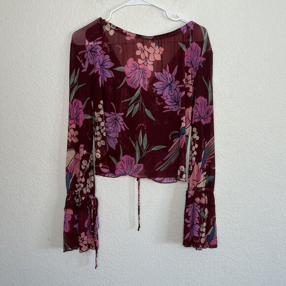 Free People Piece of Paradise Bell Sleeve Floral Mesh V-Neck Blouse Large New e3 - Picture 12 of 15